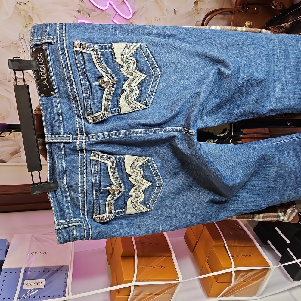 LA IDOL Blue Bootcut Jeans with Decorative BLING Design